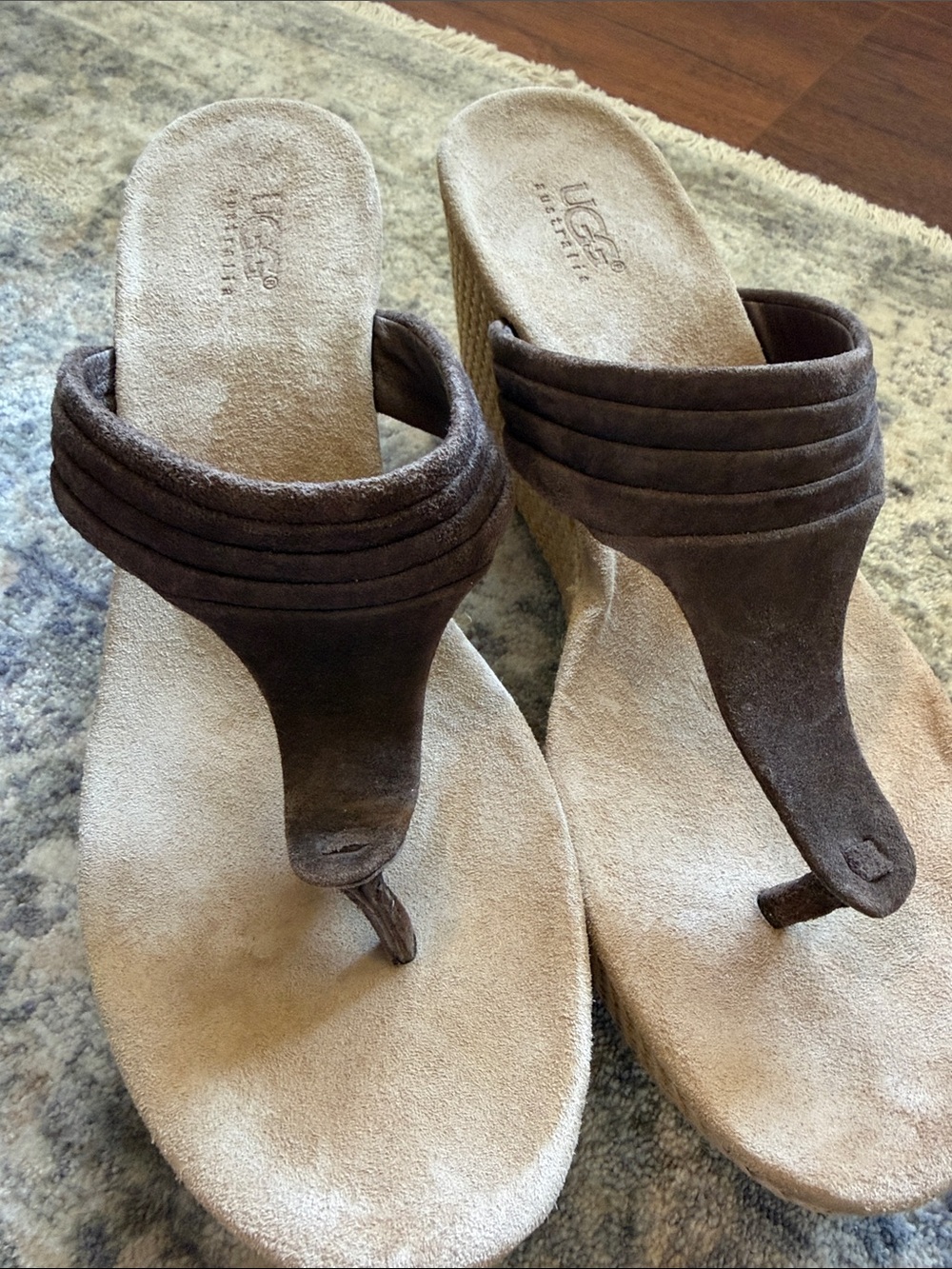 UGG Brown Suede Thong Wedge Sandals